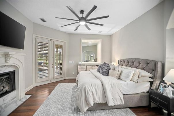 Bedroom, Fireplace, Interior, Wood Texture Flooring