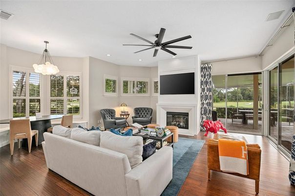 Dining room, Fireplace, Interior, Living room, Pendant Lights, Recessed Lighting, Wood Texture Flooring