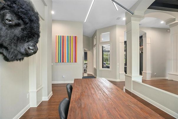 Dining room, Interior, Recessed Lighting, Wood Texture Flooring