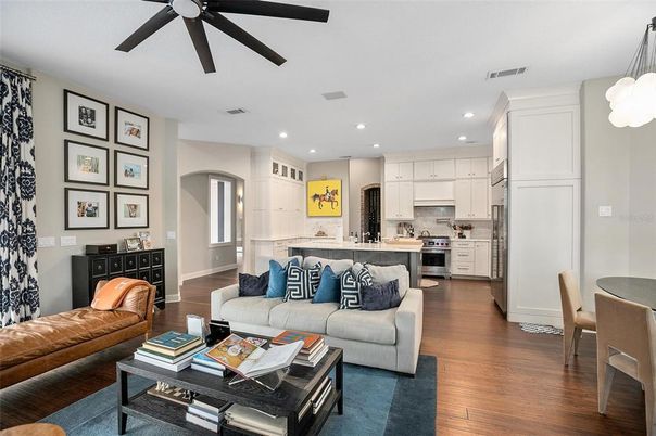 Interior, Kitchen, Living room, Pendant Lights, Recessed Lighting, Stainless Steel Appliances, Wood Texture Flooring