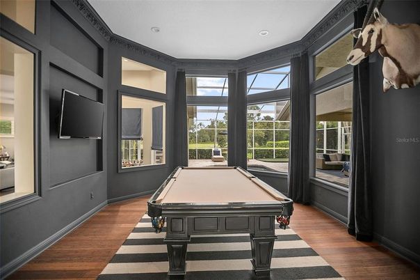 Billiard Table, Game Room, Interior, Recessed Lighting, Wood Texture Flooring