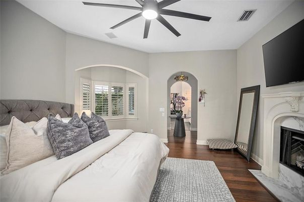 Bedroom, Fireplace, Interior, Wood Texture Flooring