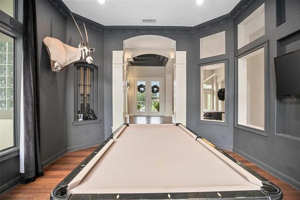 Billiard Table, Game Room, Interior, Recessed Lighting, Wood Texture Flooring