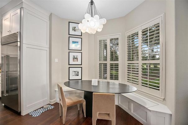 Dining room, Interior, Pendant Lights, Wood Texture Flooring