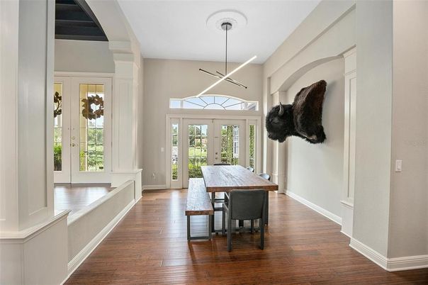 Dining room, Interior, Pendant Lights, Wood Texture Flooring