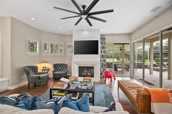 Fireplace, Interior, Living room, Recessed Lighting, Wood Texture Flooring