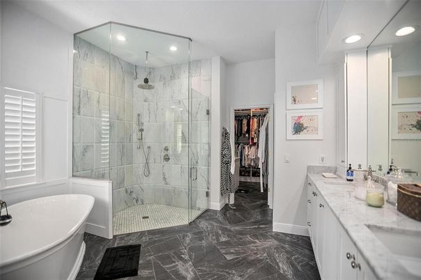 Bathroom, Dual Sink Vanities, Free Standing Baths, Glass Shower, Interior, Marble, Marble Walls, Recessed Lighting