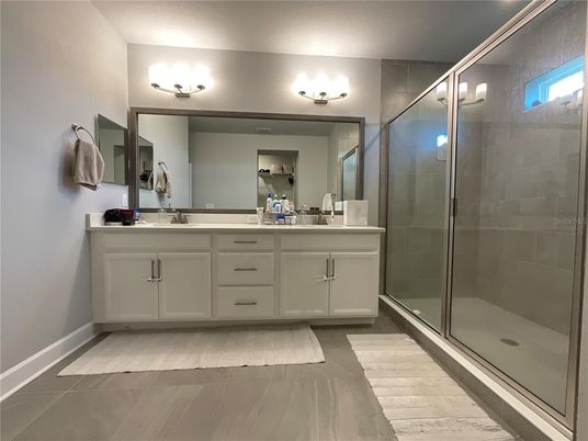 Bathroom, Dual Sink Vanities, Glass Shower, Interior, Wood Texture Flooring