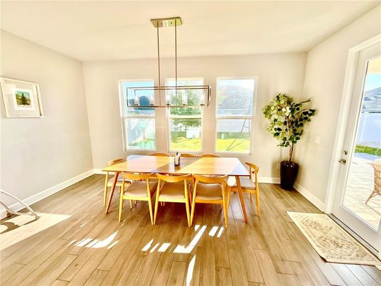 Dining room, Interior, Pendant Lights, Wood Texture Flooring