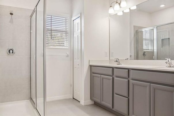 Bathroom, Dual Sink Vanities, Glass Shower, Interior, Recessed Lighting
