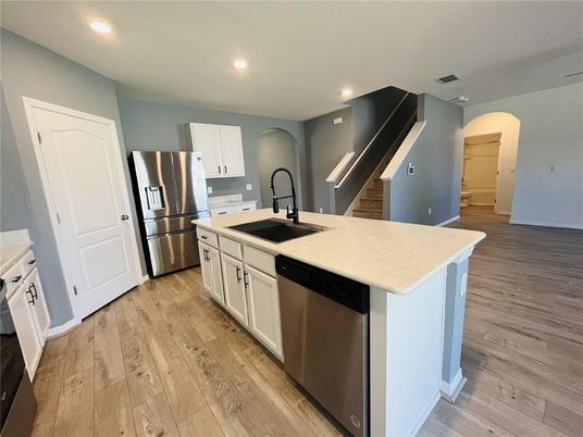 Interior, Kitchen, Recessed Lighting, Stainless Steel Appliances, Wood Texture Flooring