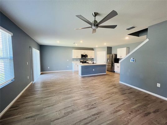 Empty room, Interior, Kitchen, Recessed Lighting, Wood Texture Flooring