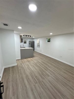 Empty room, Interior, Kitchen, Recessed Lighting, Wood Texture Flooring