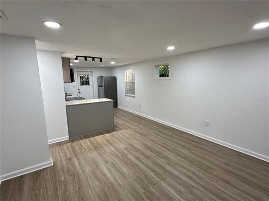 Empty room, Interior, Kitchen, Recessed Lighting, Wood Texture Flooring