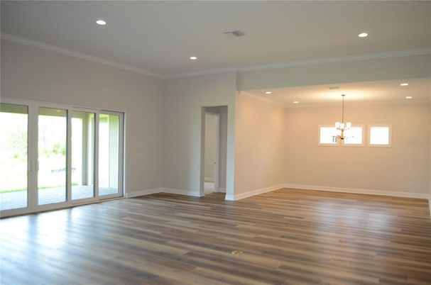 Chandelier, Empty room, Interior, Pendant Lights, Recessed Lighting, Wood Texture Flooring