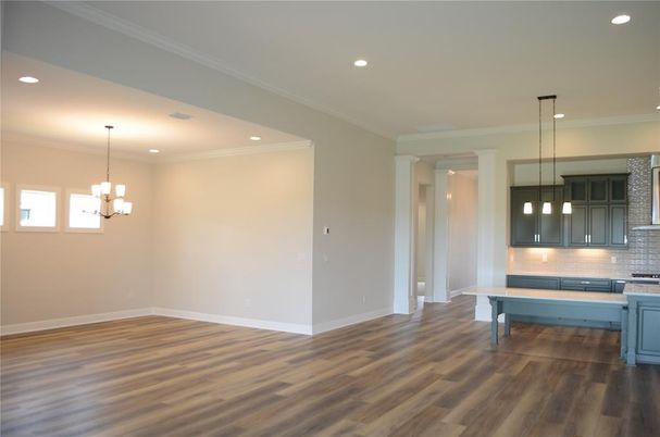Empty room, Interior, Kitchen, Pendant Lights, Recessed Lighting, Wood Texture Flooring