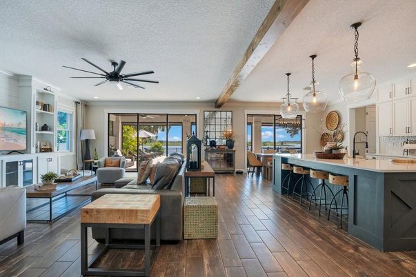 Dining room, Interior, Kitchen, Living room, Pendant Lights, Recessed Lighting, Wooden Beams, Wood Texture Flooring