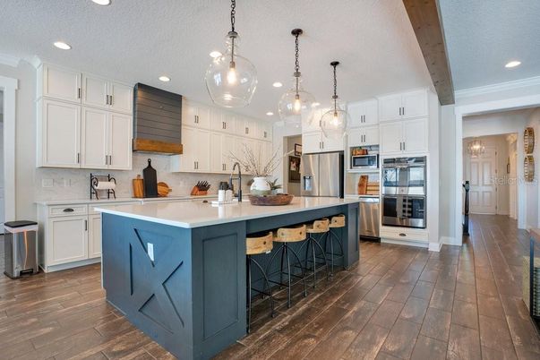 Interior, Kitchen, Pendant Lights, Recessed Lighting, Stainless Steel Appliances, Wooden Beams, Wood Texture Flooring