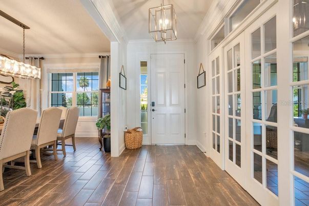 Dining room, Interior, Pendant Lights, Wood Texture Flooring