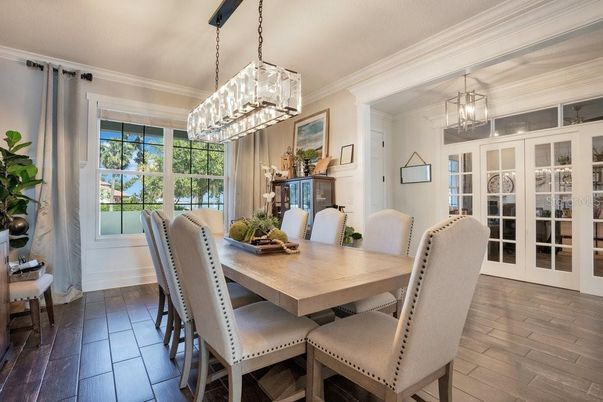 Chandelier, Dining room, Interior, Pendant Lights, Wood Texture Flooring