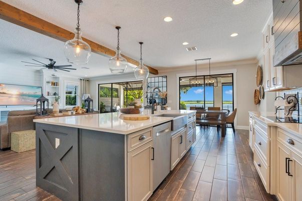 Dining room, Interior, Kitchen, Pendant Lights, Recessed Lighting, Water, Wooden Beams, Wood Texture Flooring
