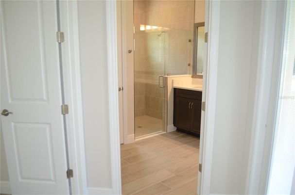 Bathroom, Glass Shower, Interior, Wood Texture Flooring