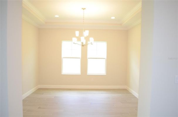 Chandelier, Empty room, Interior, Recessed Lighting, Wood Texture Flooring