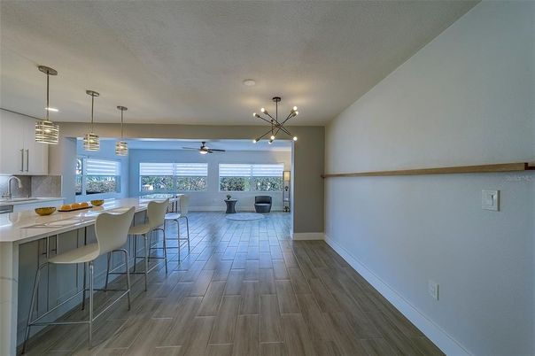 Dining room, Interior, Kitchen, Pendant Lights, Wood Texture Flooring