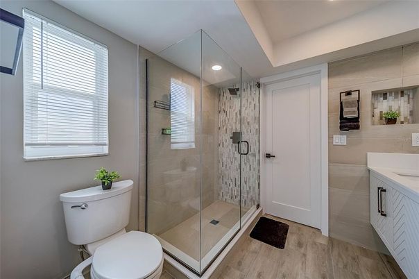 Bathroom, Glass Shower, Interior, Recessed Lighting, Wood Texture Flooring