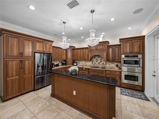 Chandelier, Interior, Kitchen, Recessed Lighting, Stainless Steel Appliances