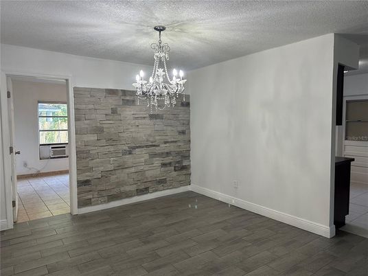 Chandelier, Empty room, Interior, Stone Walls, Wood Texture Flooring