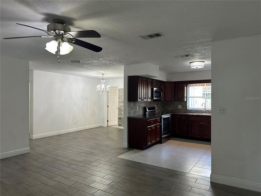 Chandelier, Interior, Kitchen, Stainless Steel Appliances, Wood Texture Flooring