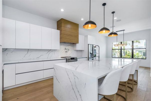 Interior, Kitchen, Marble Walls, Pendant Lights, Recessed Lighting, Wood Texture Flooring