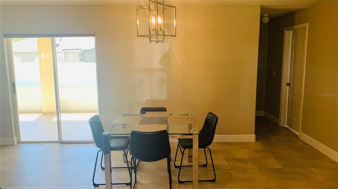 Dining room, Interior, Pendant Lights, Wood Texture Flooring
