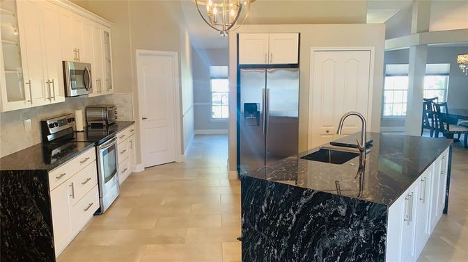 Chandelier, Interior, Kitchen, Stainless Steel Appliances
