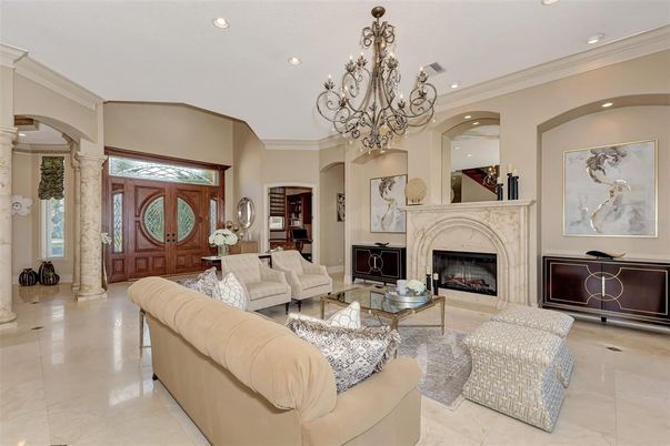 Chandelier, Fireplace, Interior, Living room, Recessed Lighting
