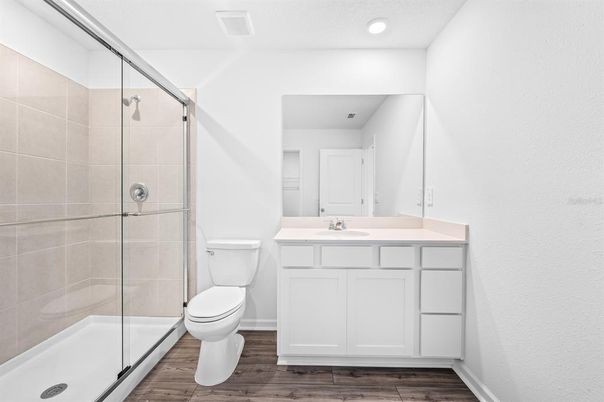 Bathroom, Glass Shower, Interior, Recessed Lighting, Wood Texture Flooring
