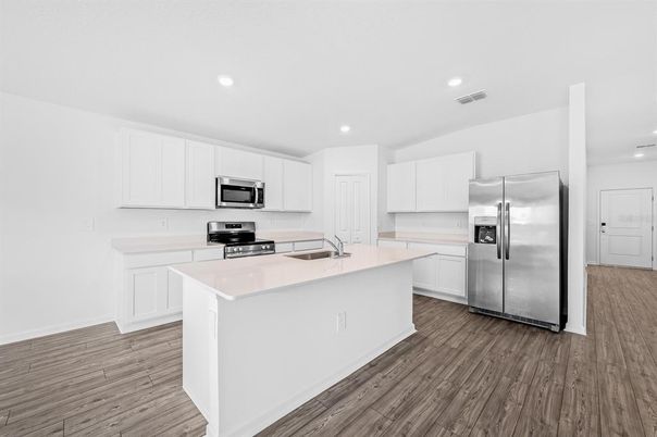 Interior, Kitchen, Recessed Lighting, Stainless Steel Appliances, Wood Texture Flooring