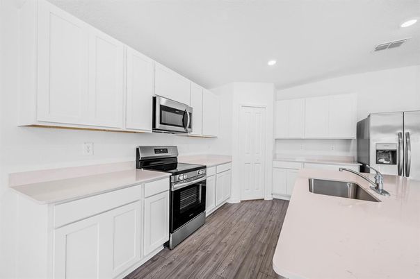 Interior, Kitchen, Recessed Lighting, Stainless Steel Appliances, Wood Texture Flooring
