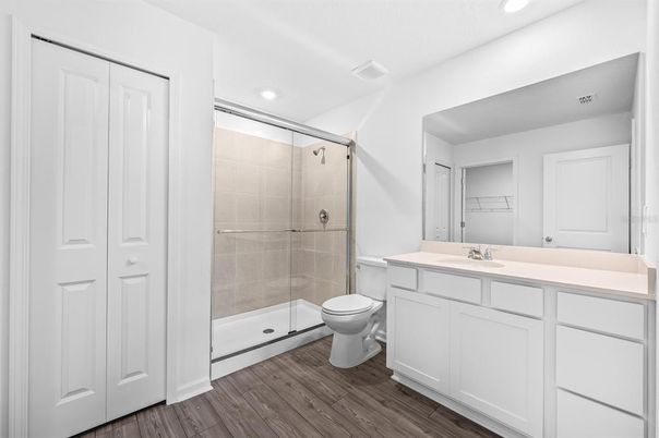 Bathroom, Glass Shower, Interior, Recessed Lighting, Wood Texture Flooring