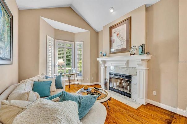 Fireplace, Interior, Living room, Recessed Lighting, Wood Texture Flooring