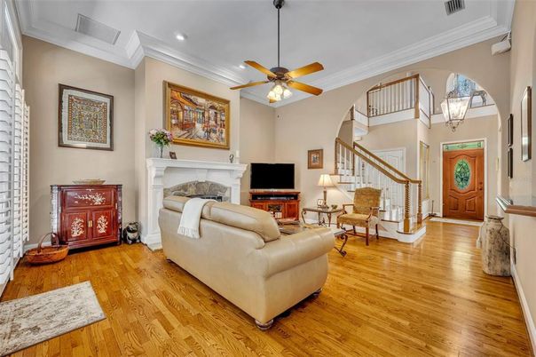 Fireplace, Interior, Living room, Recessed Lighting, Wood Texture Flooring