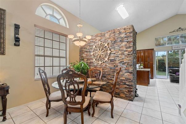 Dining room, Fireplace, Interior, Pendant Lights