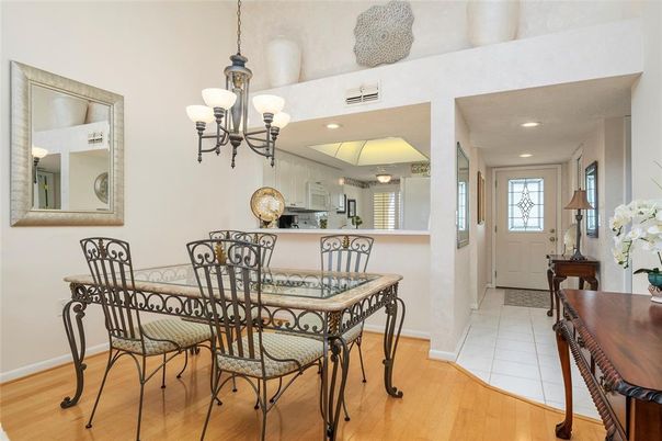 Chandelier, Dining room, Interior, Kitchen, Pendant Lights, Recessed Lighting, Wood Texture Flooring