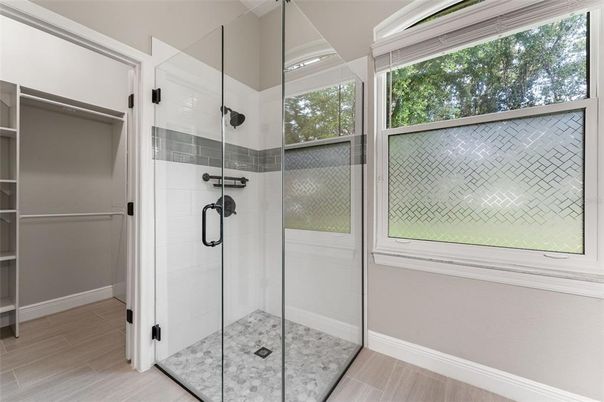 Bathroom, Glass Shower, Interior, Wood Texture Flooring
