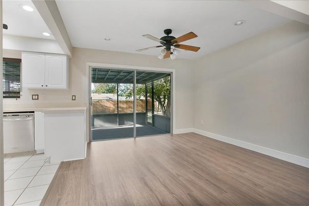 Empty room, Interior, Kitchen, Recessed Lighting, Wood Texture Flooring