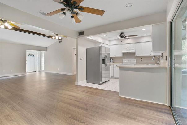 Empty room, Interior, Kitchen, Recessed Lighting, Wood Texture Flooring