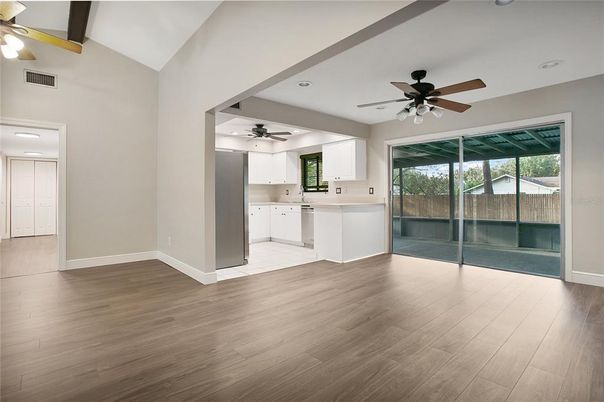 Empty room, Interior, Kitchen, Recessed Lighting, Wood Texture Flooring