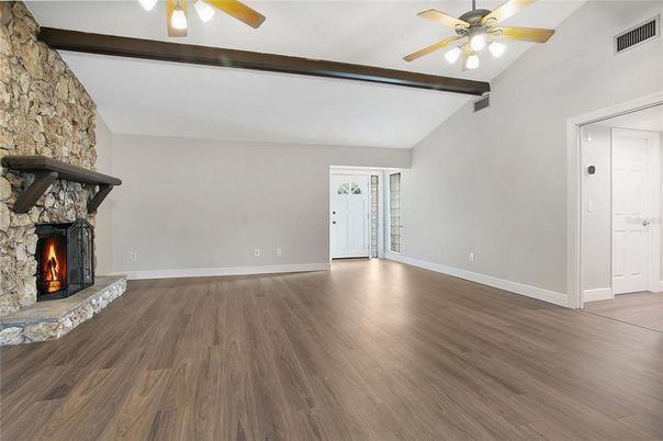 Empty room, Fireplace, Interior, Stone Walls, Wood Texture Flooring