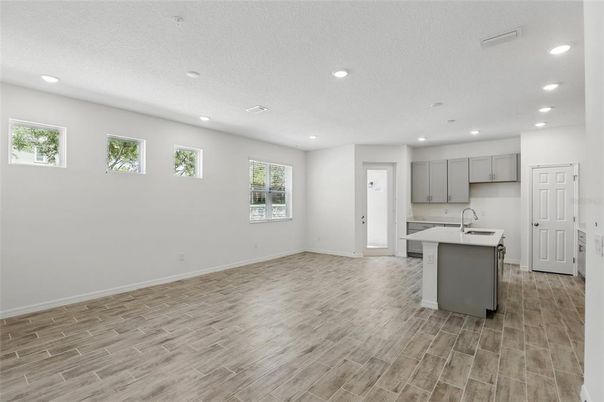 Empty room, Interior, Kitchen, Recessed Lighting, Wood Texture Flooring